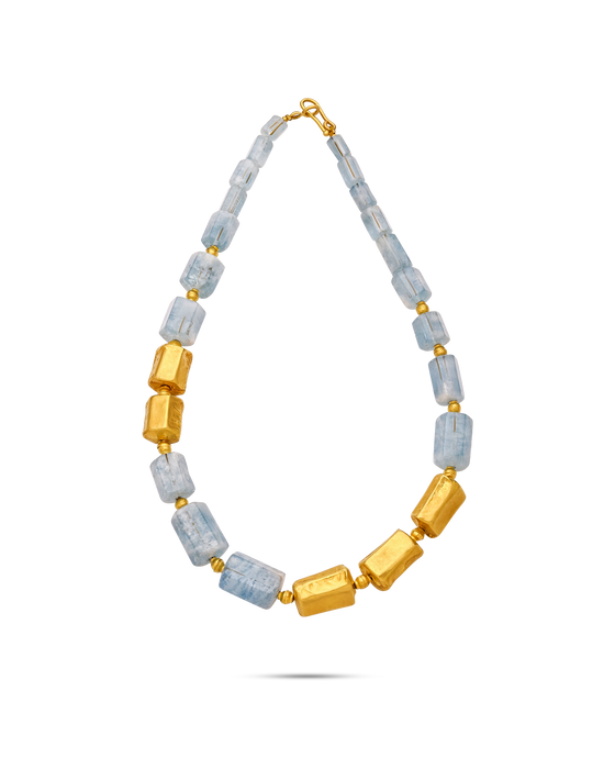 Pietre Collection 21k Gold Cylinder Shape Necklace with Aquamarine Stones