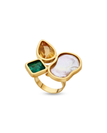  Pietre 21K Gold Pearls Citrine Emerald Ring