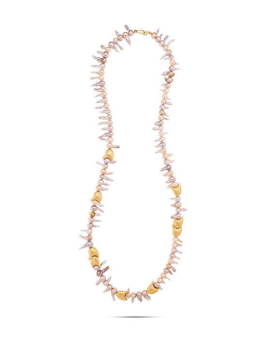 Perle Collection 21k Gold Neckalce with Abundant Coral Beads and Gold Fish Accents