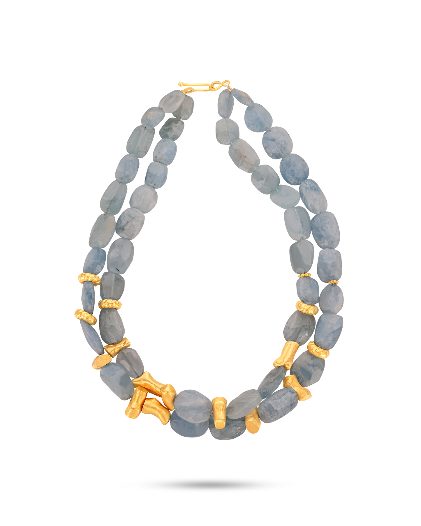 Pietre Collection 21K Gold Double-Layered Cylinder Shape Necklace With Aquamarine Stones - Nado's Jewellery