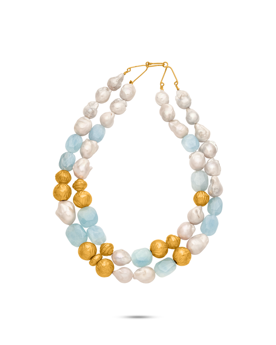 Perle Collection  
21K Due Gold Sea Pearl With Aquamarine Necklace