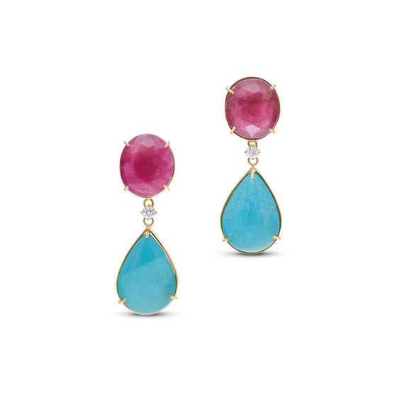 Pietre Collection 18K Gold Turquoise & Ruby Drop Earrings